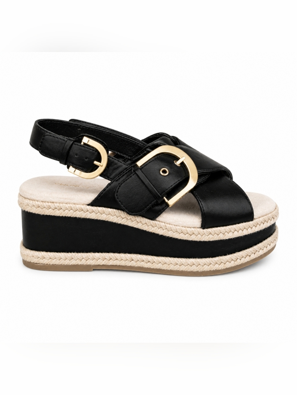Sonoma Black Platform Sandals Size 7 Gold Buckle Espadrille Wedge Casual Chic - Picture 7 of 13
